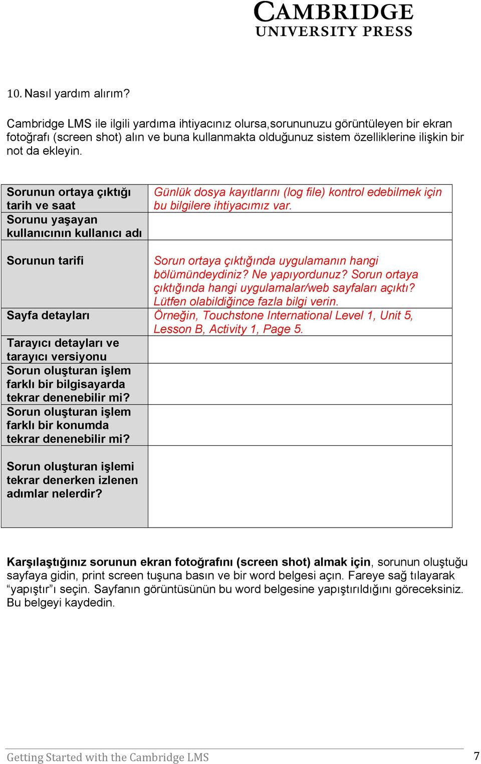 Sorunun ortaya çıktığı tarih ve saat Sorunu yaşayan kullanıcının kullanıcı adı Günlük dosya kayıtlarını (log file) kontrol edebilmek için bu bilgilere ihtiyacımız var.