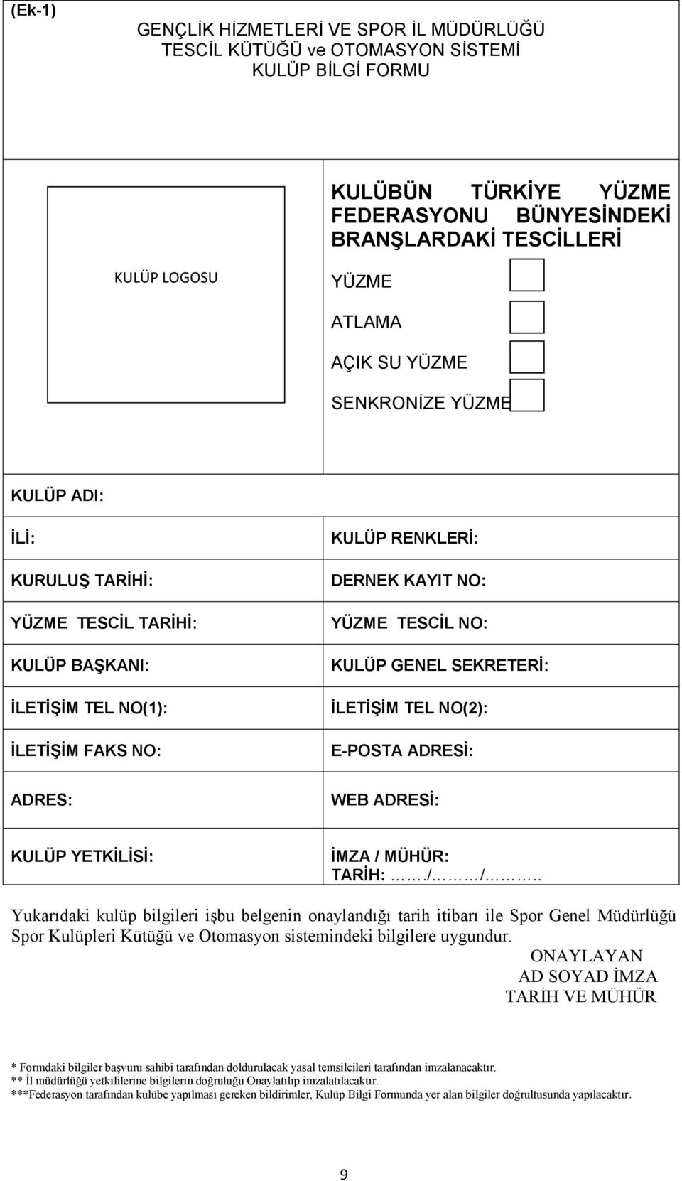 SEKRETERİ: İLETİŞİM TEL NO(2): E-POSTA ADRESİ: ADRES: WEB ADRESİ: KULÜP YETKİLİSİ: İMZA / MÜHÜR: TARİH:./ /.