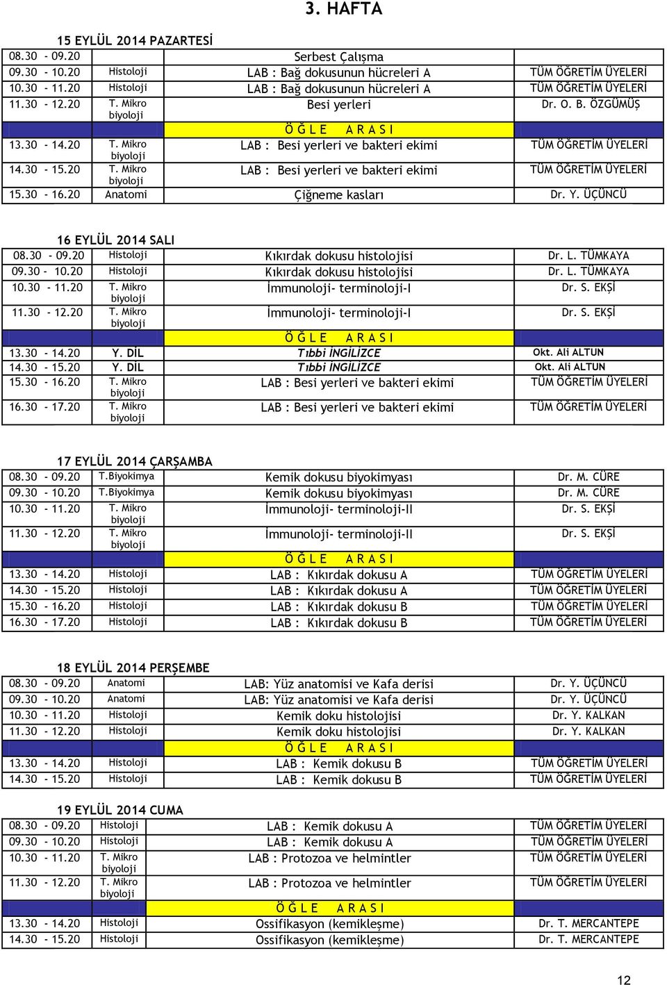 20 Anatomi Çiğneme kasları Dr. Y. ÜÇÜNCÜ 16 EYLÜL 2014 SALI 08.30-09.20 Histoloji Kıkırdak dokusu histolojisi Dr. L. TÜMKAYA 09.30-10.20 Histoloji Kıkırdak dokusu histolojisi Dr. L. TÜMKAYA 10.30-11.