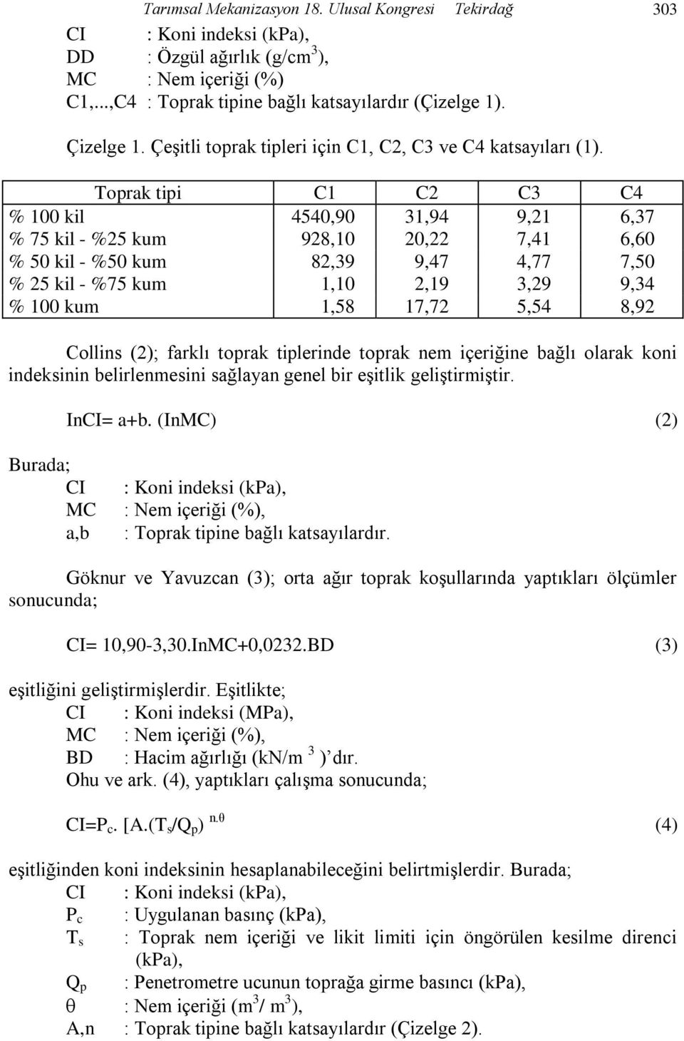 Toprak tipi C1 C2 C3 C4 % 100 kil 4540,90 31,94 9,21 6,37 % 75 kil - %25 kum 928,10 20,22 7,41 6,60 % 50 kil - %50 kum 82,39 9,47 4,77 7,50 % 25 kil - %75 kum 1,10 2,19 3,29 9,34 % 100 kum 1,58 17,72