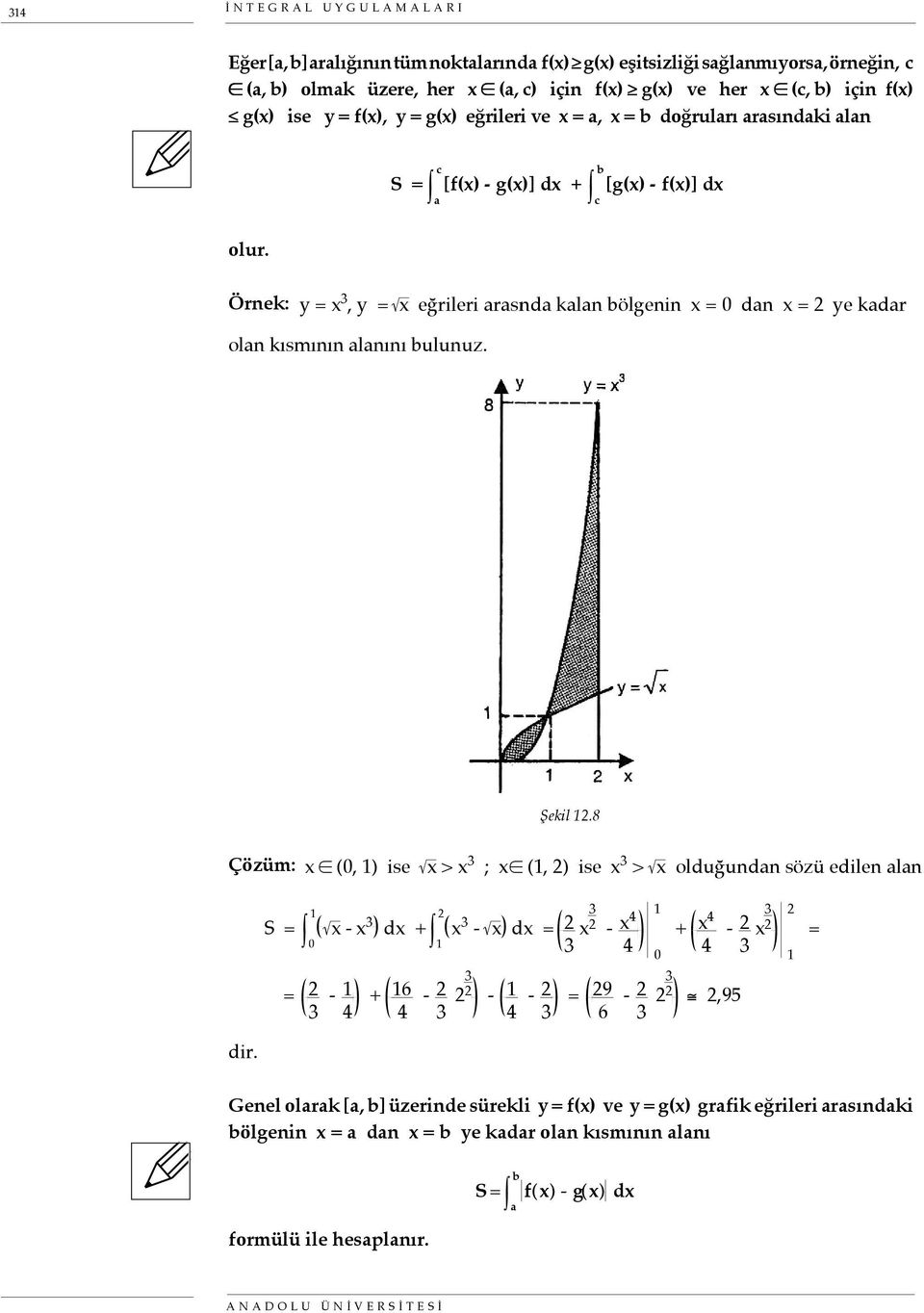 Örnek: y = x, y = x eğrileri rsınd kln ölgenin x = dn x = ye kdr oln kısmının lnını ulunuz. Şekil.