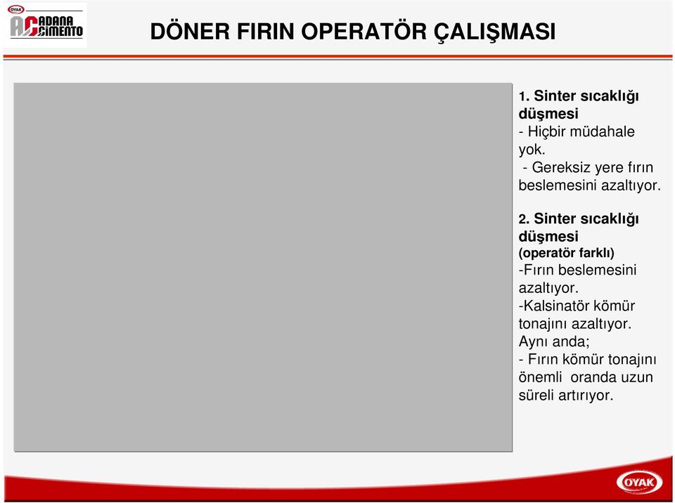 Sinter sıcaklığı düşmesi (operatör farklı) -Fırın beslemesini azaltıyor.