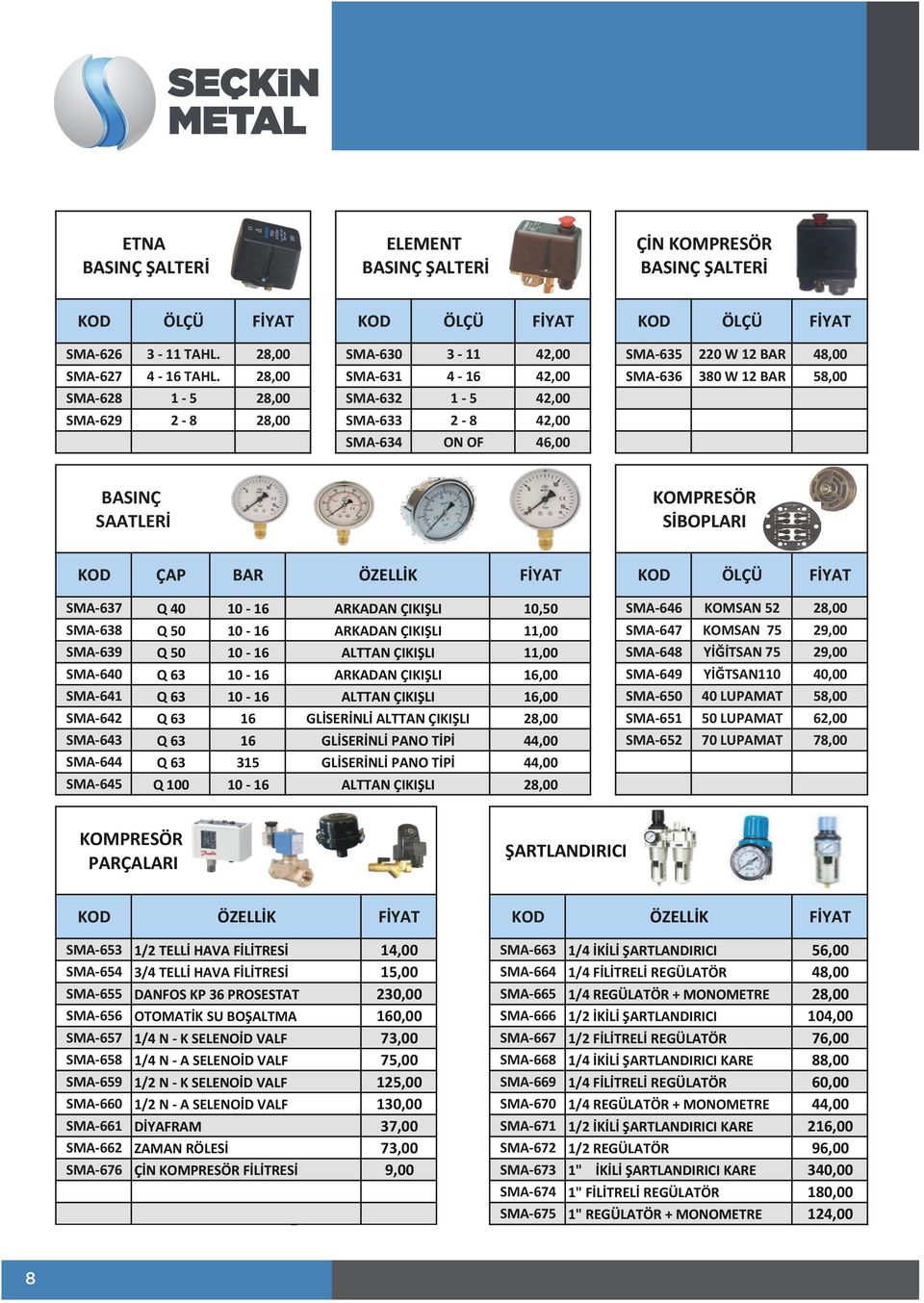 BASINÇ SAATLERİ KOMPRESÖR SİBOPLARI ÇAP BAR ÖZELLİK SMA- 637 Q 40 10-16 ARKADAN ÇIKIŞLI 10,50 SMA- 646 KOMSAN 52 28,00 SMA- 638 Q 50 10-16 ARKADAN ÇIKIŞLI 11,00 SMA- 647 KOMSAN 75 29,00 SMA- 639 Q 50