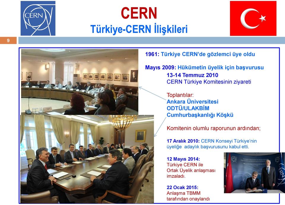 Köşkü Komitenin olumlu raporunun ardından; 17 Aralık 2010: CERN Konseyi Türkiye nin üyeliğe adaylık başvurusunu