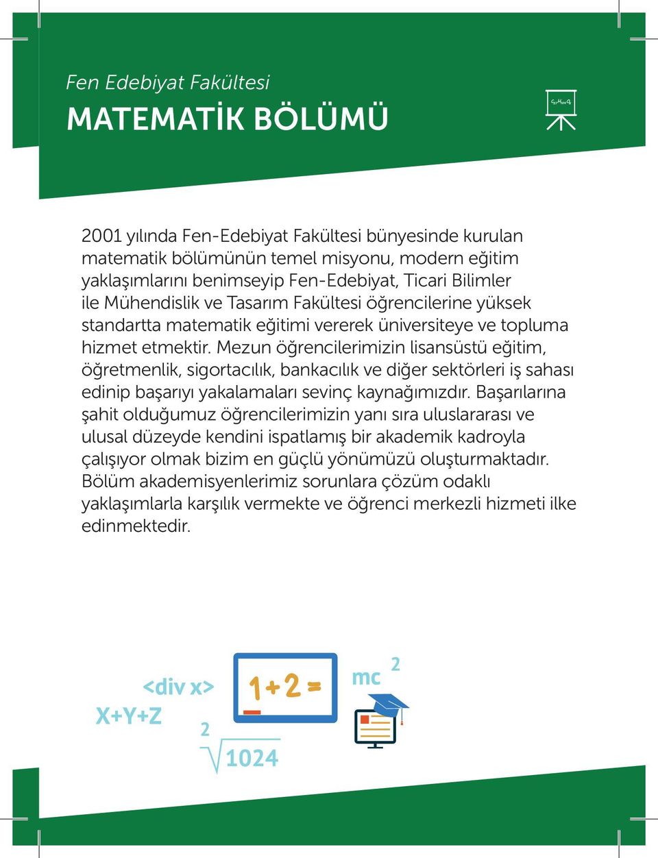 Mezun öğrencilerimizin lisansüstü eğitim, öğretmenlik, sigortacılık, bankacılık ve diğer sektörleri iş sahası edinip başarıyı yakalamaları sevinç kaynağımızdır.