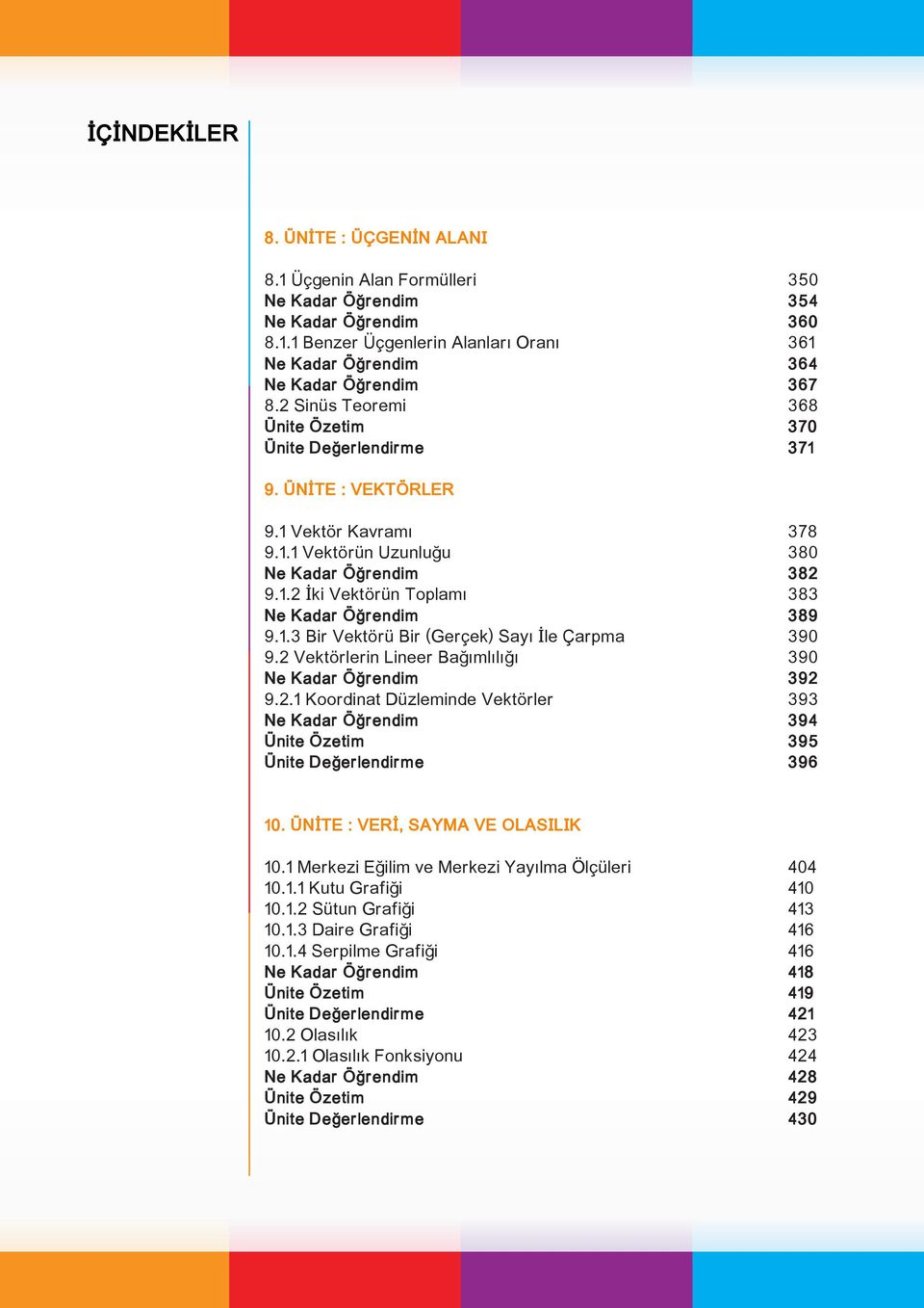 1.3 Bir Vektörü Bir (Gerçek) Sayı İle Çarpma 390 9.2 Vektörlerin Lineer Bağımlılığı 390 Ne Kadar Öğrendim 392 9.2.1 Koordinat Düzleminde Vektörler 393 Ne Kadar Öğrendim 394 Ünite Özetim 395 Ünite Değerlendirme 396 10.