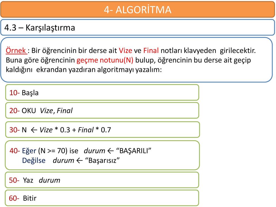 Buna göre öğrencinin geçme notunu(n) bulup, öğrencinin bu derse ait geçip kaldığını ekrandan