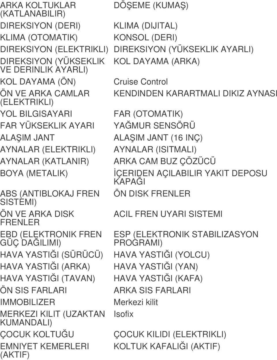 JANT ALAŞIM JANT (16 INÇ) AYNALAR (ELEKTRIKLI) AYNALAR (ISITMALI) AYNALAR (KATLANIR) ARKA CAM BUZ ÇÖZÜCÜ BOYA (METALIK) İÇERIDEN AÇILABILIR YAKIT DEPOSU KAPAĞI ABS (ANTIBLOKAJ FREN ÖN DISK FRENLER