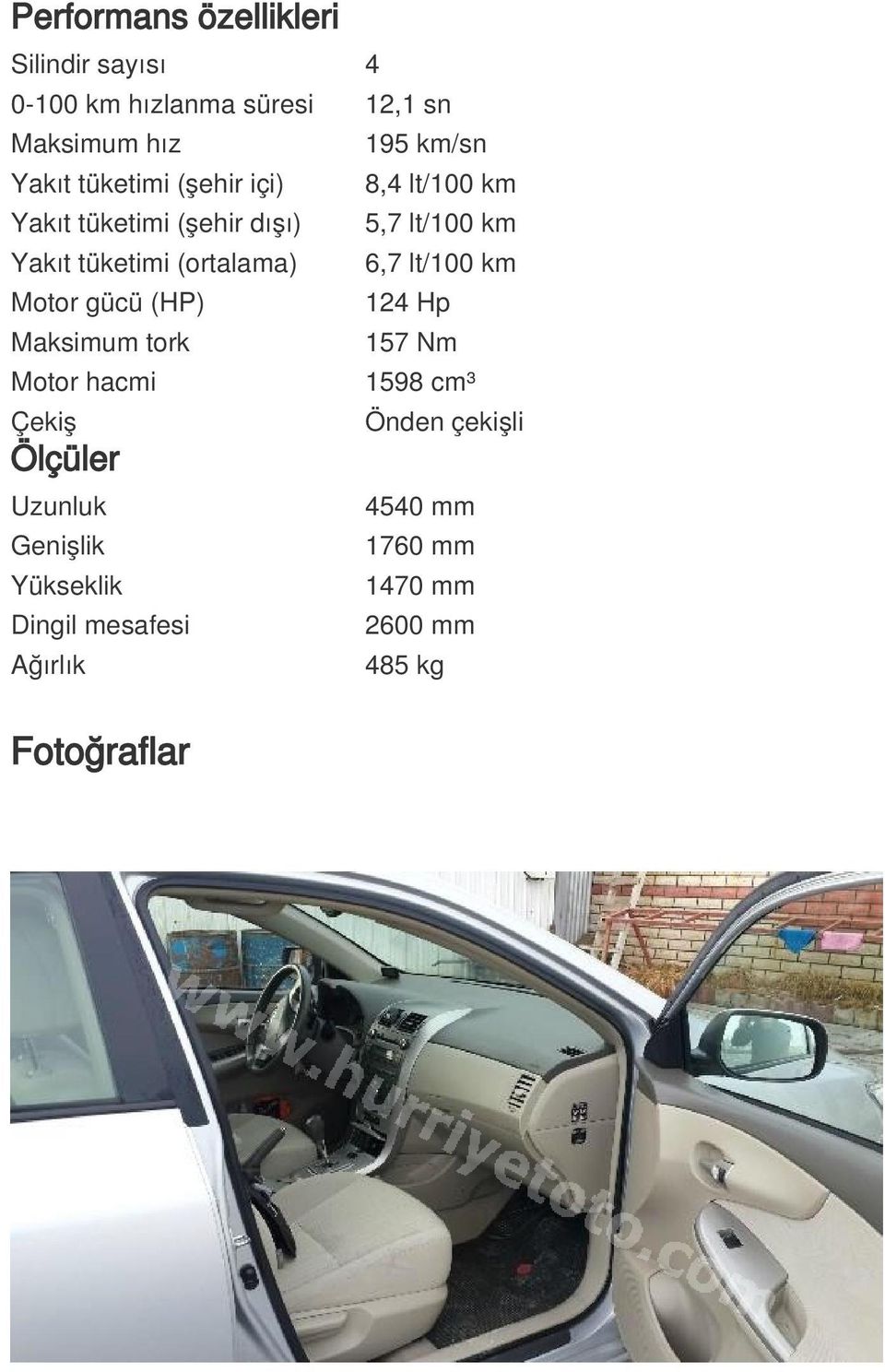 6,7 lt/100 km Motor gücü (HP) 124 Hp Maksimum tork 157 Nm Motor hacmi 1598 cm³ Çekiş Ölçüler Uzunluk