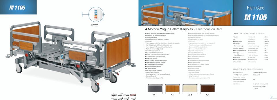 : 225 cm : 100 cm Yükseklik (Şiltesiz) : 46-84 cm Hijyenik dizayna sahip Alüminyum kilitlenebilen ve gizlenebilen yan korkuluklar. Hygienic design aliminium, lockable and tuck away side rails.