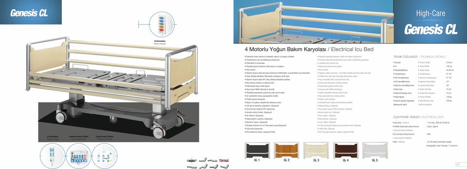 : 219 cm : 100 cm : 44-84 cm Hijyenik dizayna sahip tek parça Alüminyum kilitlenebilen ve gizlenebilen yan korkuluklar. Hygienic design aliminium, full length lockable and tuck away side rails.