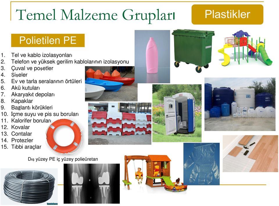 Ev ve tarla seralarının örtüleri 6. Akü kutuları 7. Akaryakıt depoları 8. Kapaklar 9.