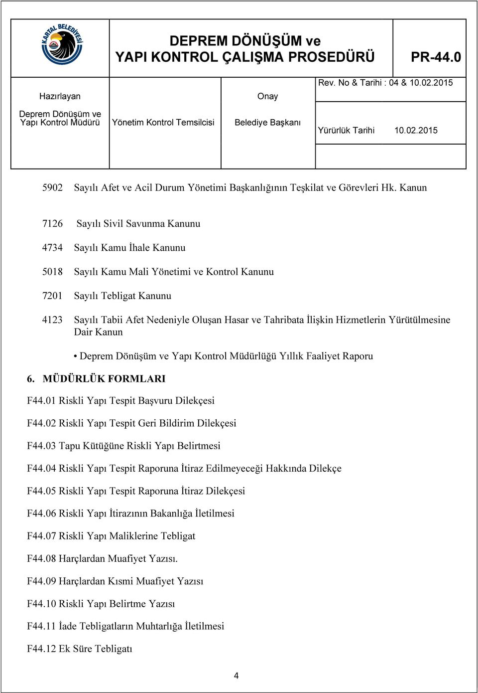 Tahribata İlişkin Hizmetlerin Yürütülmesine Dair Kanun Yapı Kontrol Müdürlüğü Yıllık Faaliyet Raporu 6. MÜDÜRLÜK FORMLARI F44.01 Riskli Yapı Tespit Başvuru Dilekçesi F44.