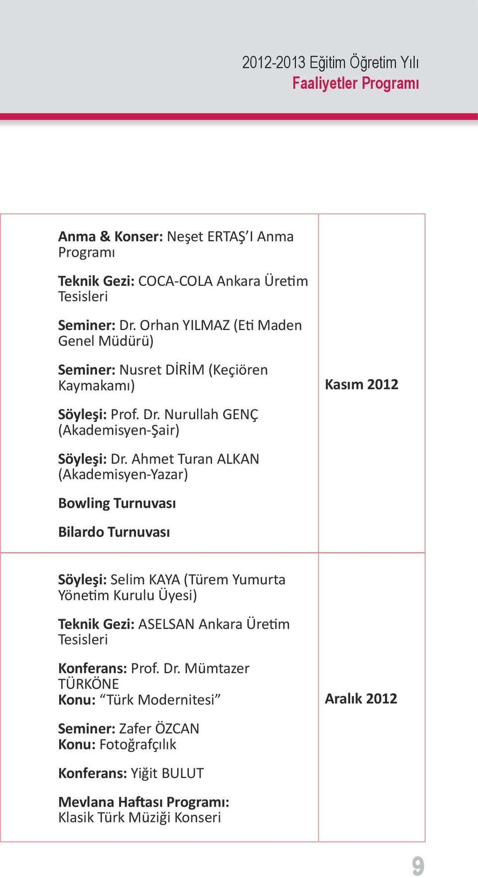 Ahmet Turan ALKAN (Akademisyen-Yazar) Bowling Turnuvası Bilardo Turnuvası Kasım 2012 Söyleşi: Selim KAYA (Türem Yumurta Yönetim Kurulu Üyesi) Teknik Gezi: ASELSAN Ankara