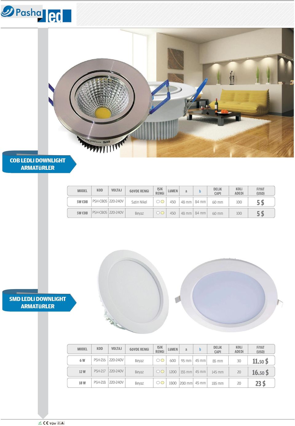 ARMATÜRLER MODEL KOD VOLTAJ GÖVDE IŞIK LüMEN a b b DELiK ÇAPI 6 W PSH-216 220-240V Beyaz 600 95 mm 45 mm 85 mm 30 11.