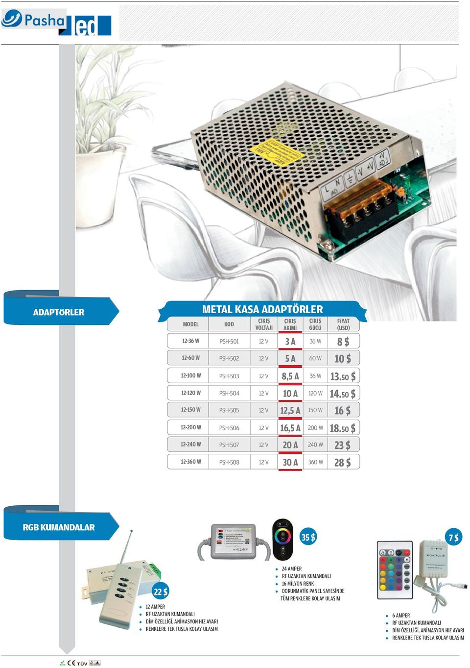 50 $ 12-240 W PSH-507 12 V 20 A 240 W 23 $ 12-360 W PSH-508 12 V 30 A 360 W 28 $ RGB KUMANDALAR 35 $ 7 $ 22 $ l 12 AMPER l RF UZAKTAN KUMANDALI l DİM ÖZELLİĞİ, ANİMASYON HIZ AYARI l