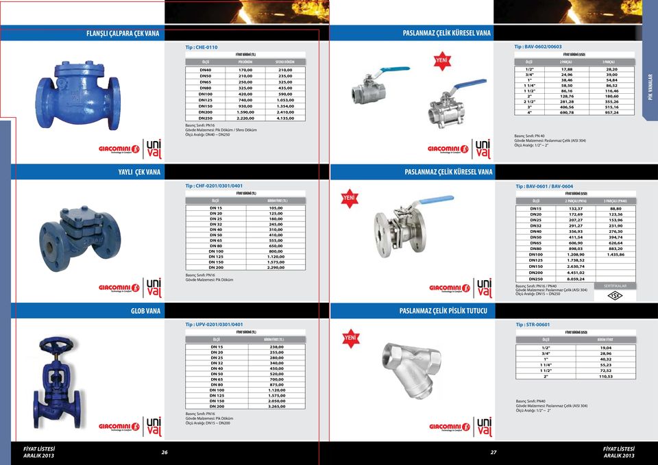 135,00 Gövde Mlzemesi: Pik Döküm / Sfero Döküm Arlığı: DN40 ~ DN250 SFERO DÖKÜM Tip : BAV-0602/00603 FİYAT BİRİMİ (USD) 2 PARÇALI 3 PARÇALI 1/2" 17,88 28,20 3/4" 24,96 39,00 1" 38,46 54,84 1 1/4"