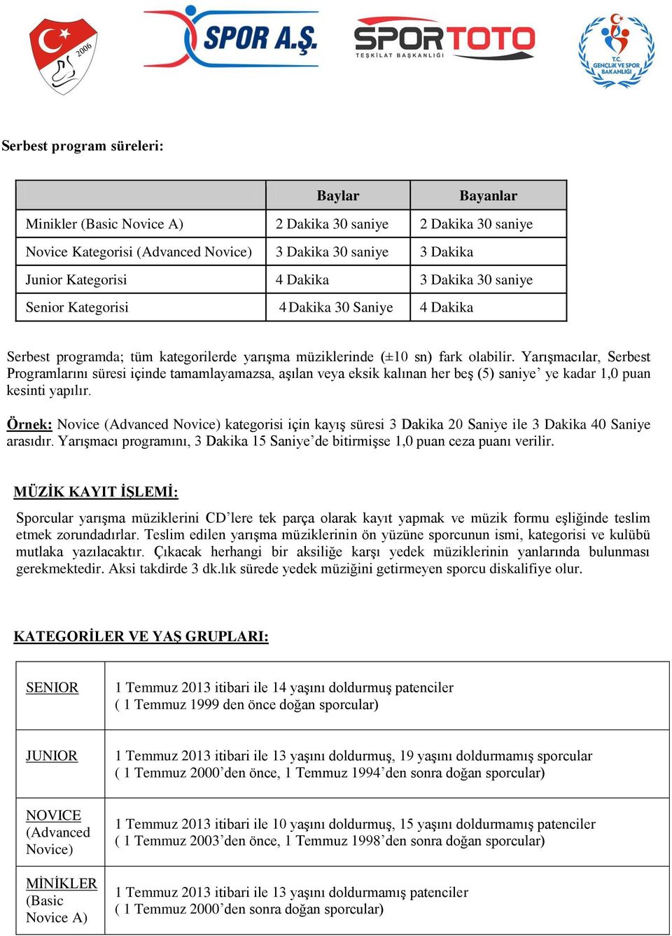 Yarışmacılar, Serbest Programlarını süresi içinde tamamlayamazsa, aşılan veya eksik kalınan her beş (5) saniye ye kadar 1,0 puan kesinti yapılır.