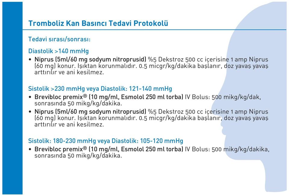 Sistolik >230 mmhg veya Diastolik: 121-140 mmhg Brevibloc premix (10 mg/ml, Esmolol 250 ml torba) IV Bolus: 500 mikg/kg/dak, sonras nda 50 mikg/kg/dakika.