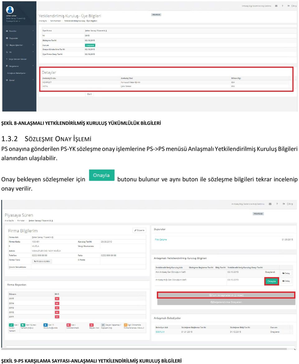 Yetkilendirilmiş Kuruluş Bilgileri alanından ulaşılabilir. Onay bekleyen sözleşmeler için onay verilir.