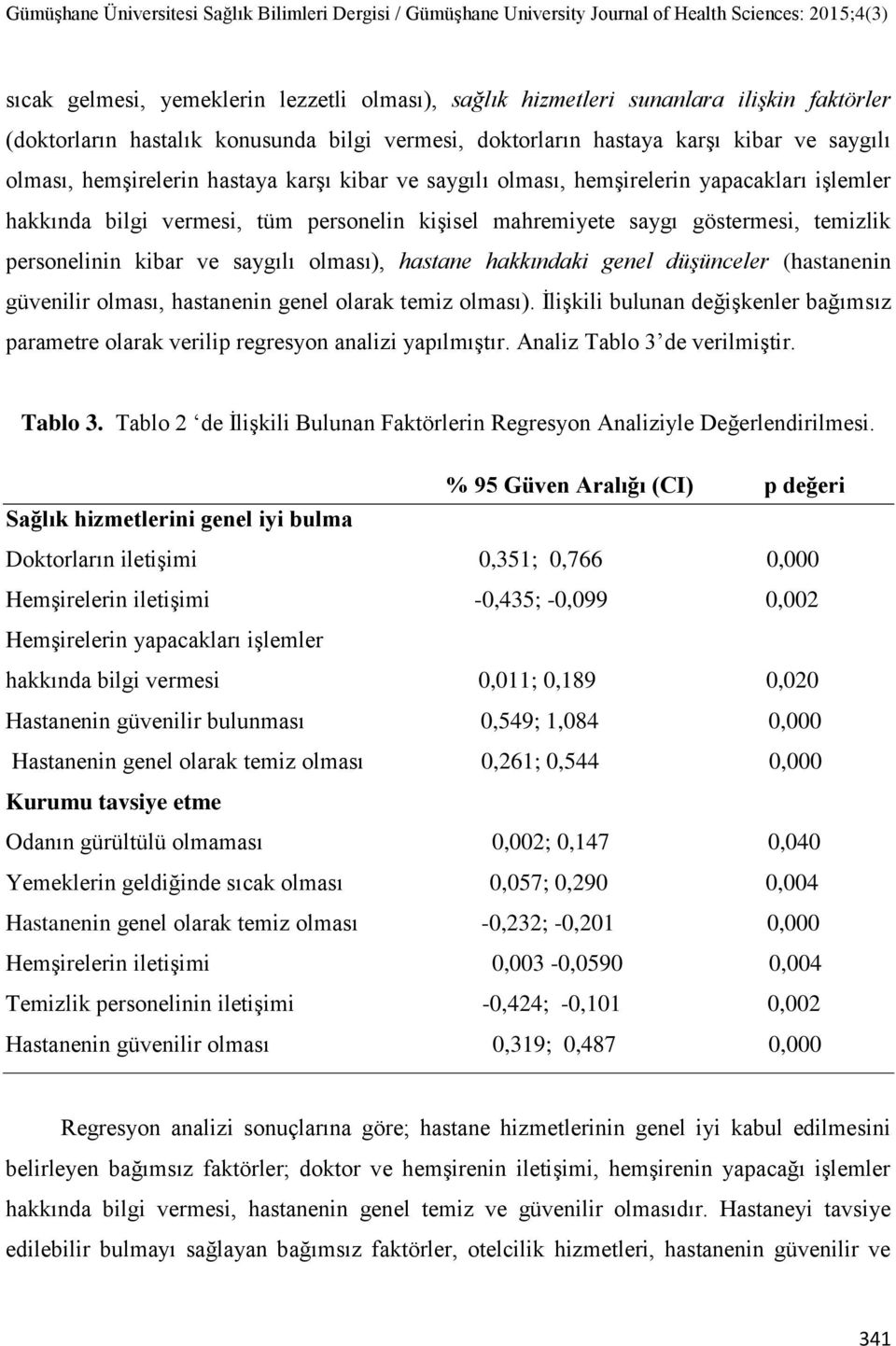 saygılı olması), hastane hakkındaki genel düşünceler (hastanenin güvenilir olması, hastanenin genel olarak temiz olması).