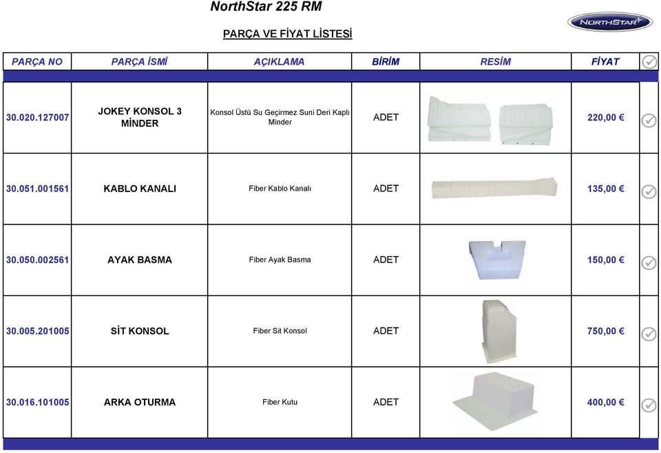 Minder 220,00 30.051.001561 KABLO KANALI Fiber Kablo Kanalı 135,00 30.