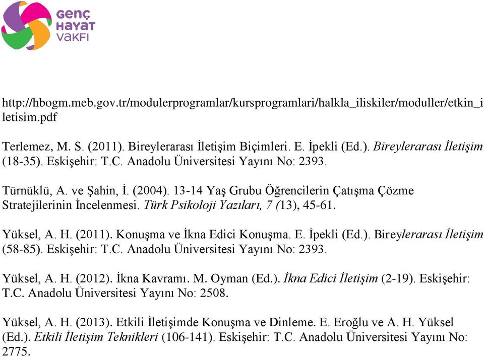 Yüksel, A. H. (2011). Konuşma ve İkna Edici Konuşma. E. İpekli (Ed.). Bireylerarası İletişim (58-85). Eskişehir: T.C. Anadolu Üniversitesi Yayını No: 2393. Yüksel, A. H. (2012). İkna Kavramı. M.