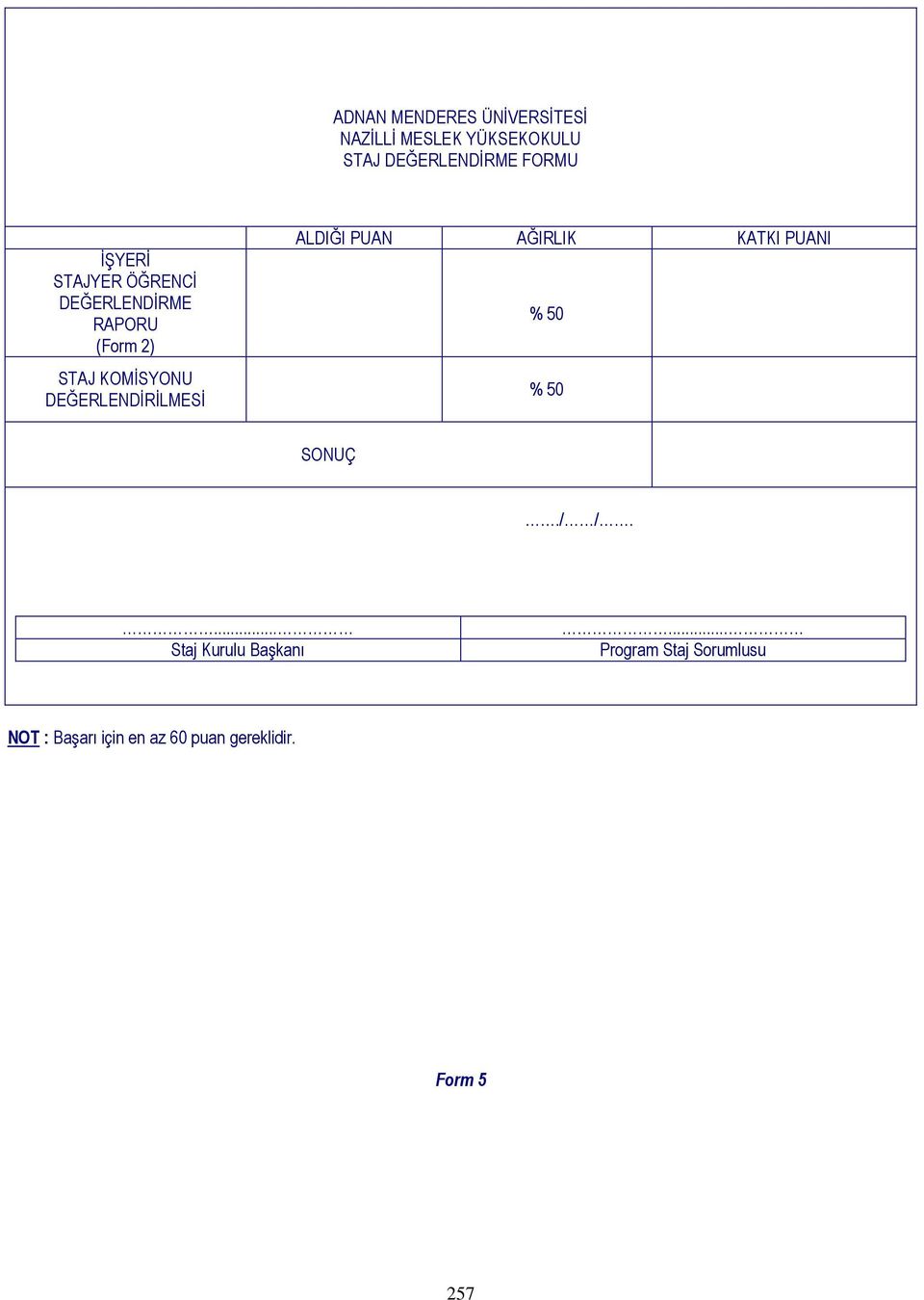 DEĞERLENDİRİLMESİ ALDIĞI PUAN AĞIRLIK KATKI PUANI % 50 % 50 SONUÇ./ /.