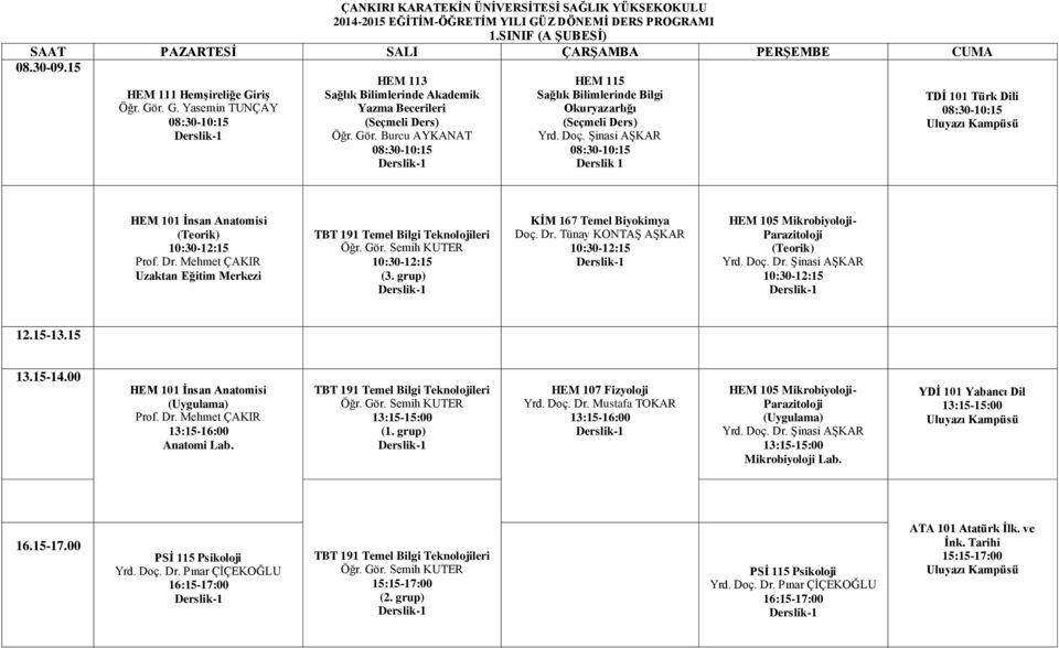 Tünay KONTAŞ AŞKAR HEM 105 Mikrobiyoloji- Parazitoloji () () Anatomi Lab. (1. grup) HEM 107 Fizyoloji Yrd. Doç. Dr.