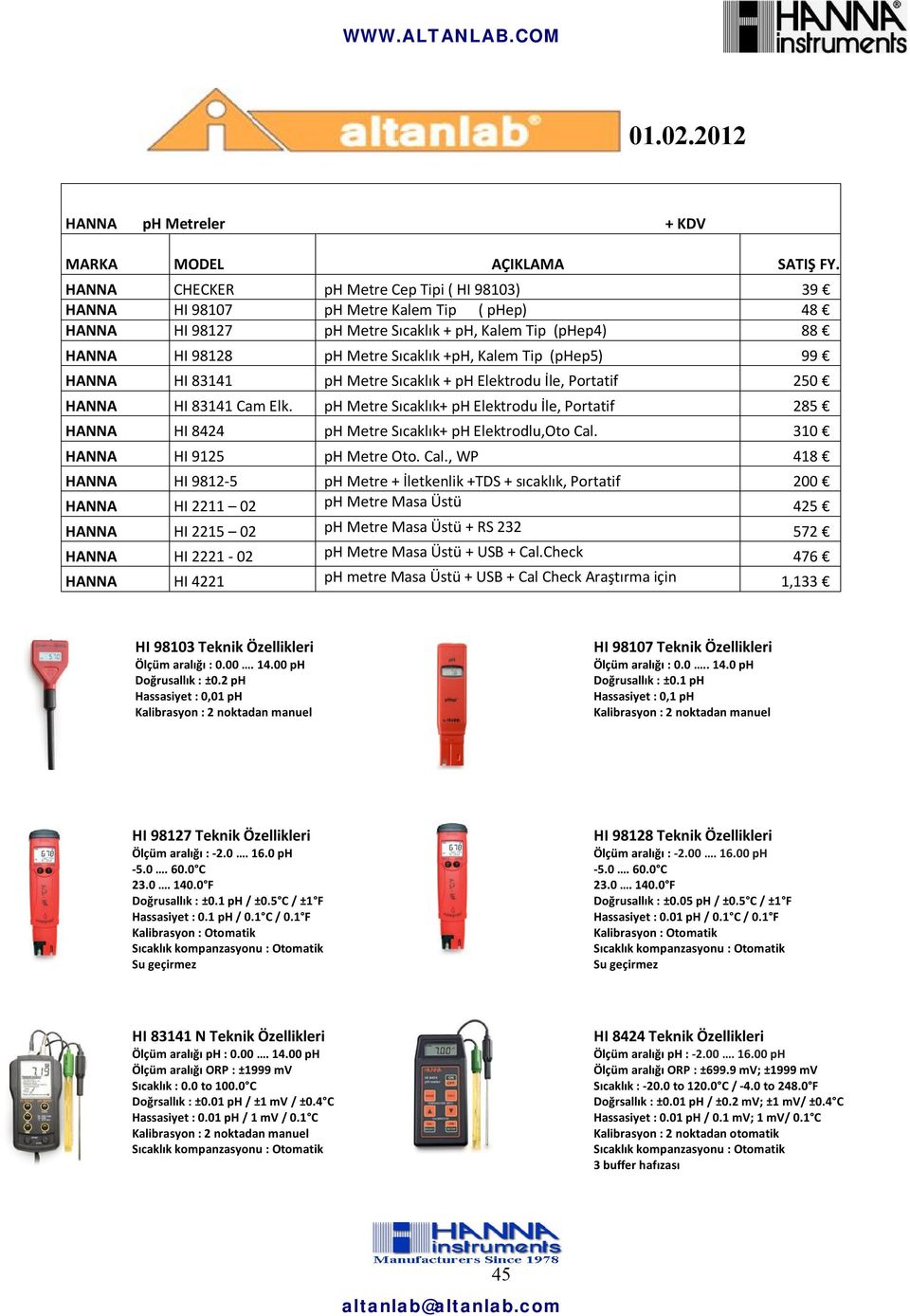 ph Metre Sıcaklık+ ph Elektrodu İle, Portatif 285 HANNA HI 8424 ph Metre Sıcaklık+ ph Elektrodlu,Oto Cal.