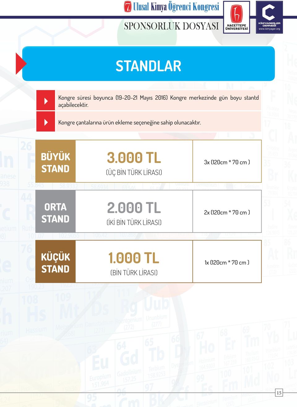 BÜYÜK STAND ORTA STAND KÜÇÜK STAND 3.000 TL 3x (120cm * 70 cm ) (ÜÇ BİN TÜRK LİRASI) 2.