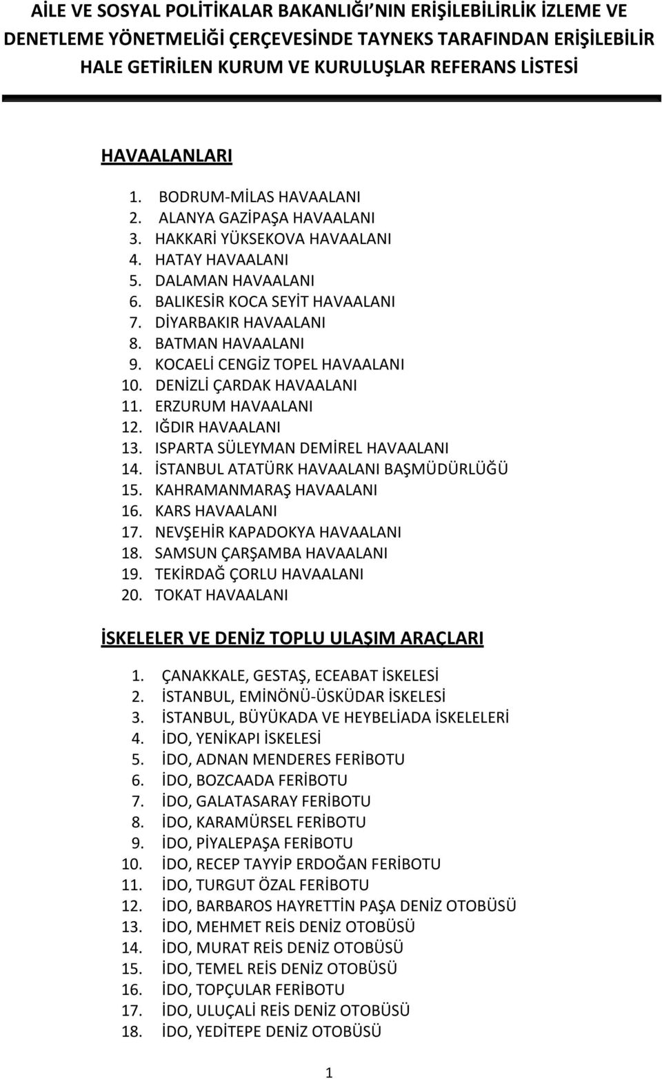 İSTANBUL ATATÜRK HAVAALANI BAŞMÜDÜRLÜĞÜ 15. KAHRAMANMARAŞ HAVAALANI 16. KARS HAVAALANI 17. NEVŞEHİR KAPADOKYA HAVAALANI 18. SAMSUN ÇARŞAMBA HAVAALANI 19. TEKİRDAĞ ÇORLU HAVAALANI 20.