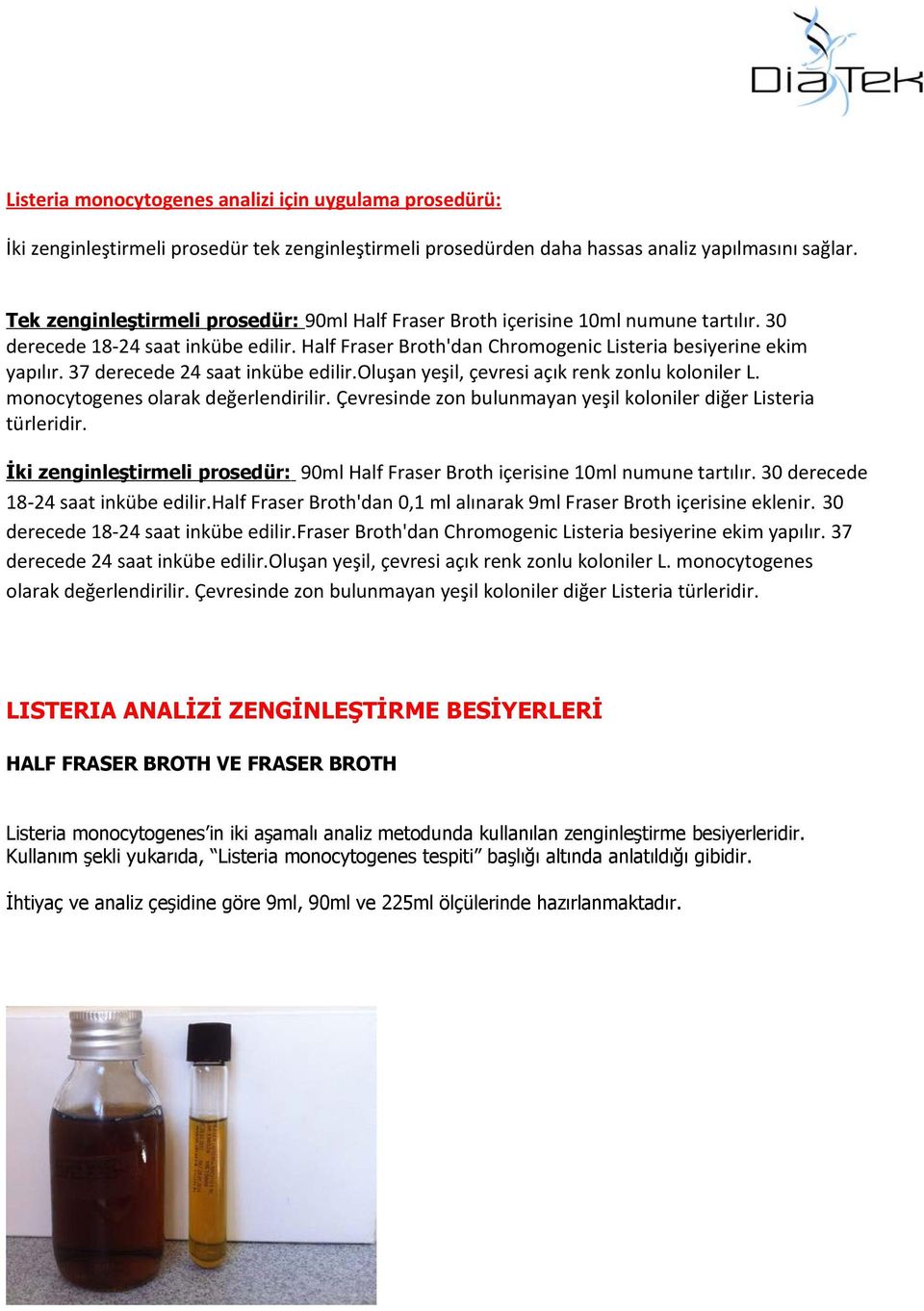 37 derecede 24 saat inkübe edilir.oluşan yeşil, çevresi açık renk zonlu koloniler L. monocytogenes olarak değerlendirilir. Çevresinde zon bulunmayan yeşil koloniler diğer Listeria türleridir.