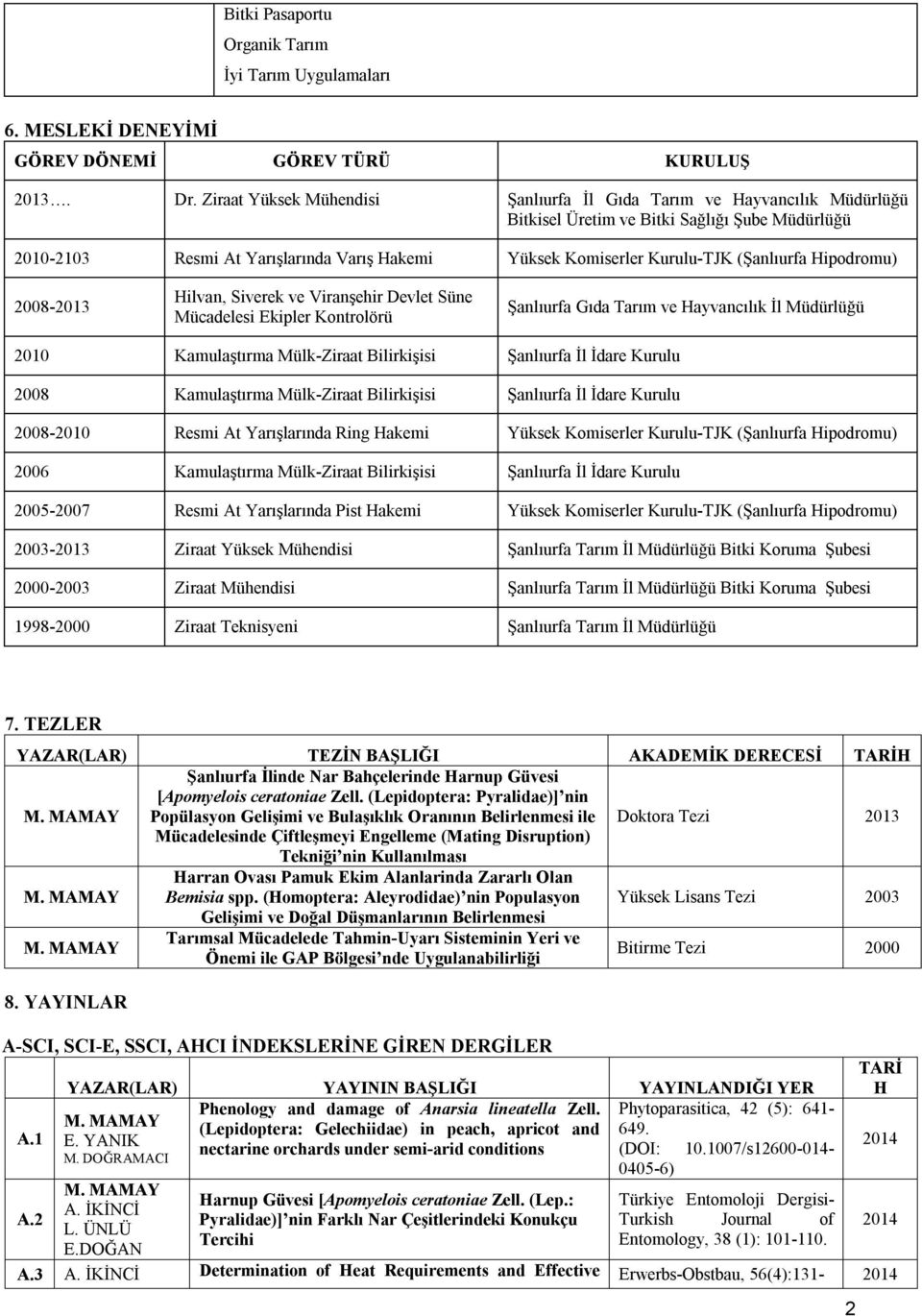 (Şanlıurfa Hipodromu) 2008-2013 Hilvan, Siverek ve Viranşehir Devlet Süne Mücadelesi Ekipler Kontrolörü Şanlıurfa Gıda Tarım ve Hayvancılık İl Müdürlüğü 2010 Kamulaştırma Mülk-Ziraat Bilirkişisi