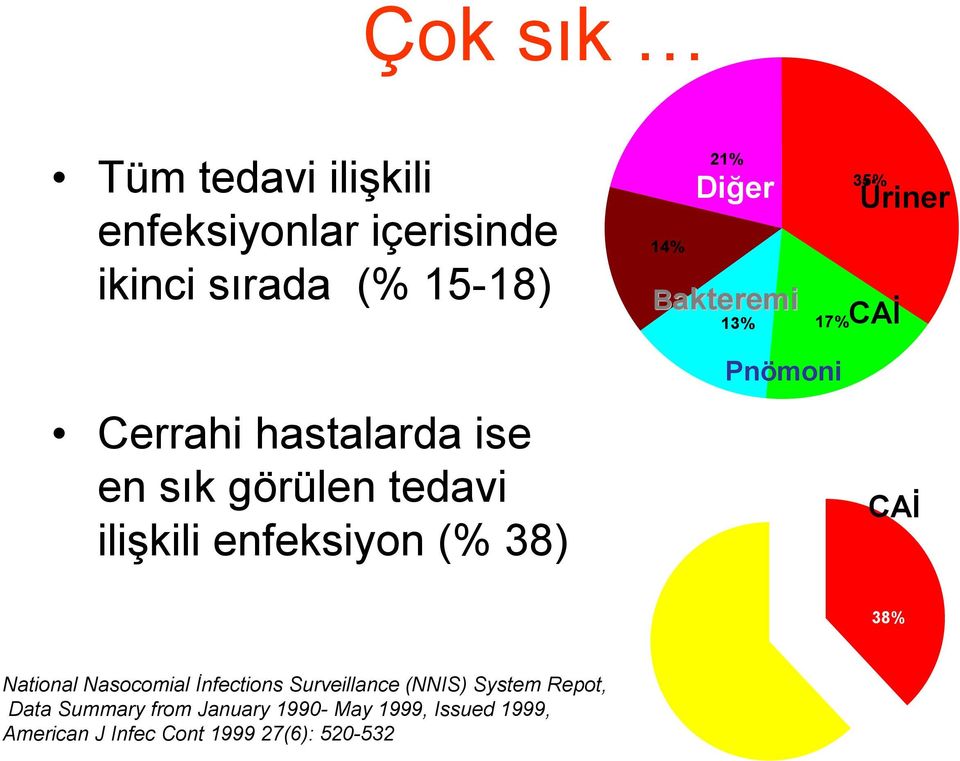 enfeksiyon (% 38) Pnömoni CAİ 38% National Nasocomial İnfections Surveillance (NNIS) System