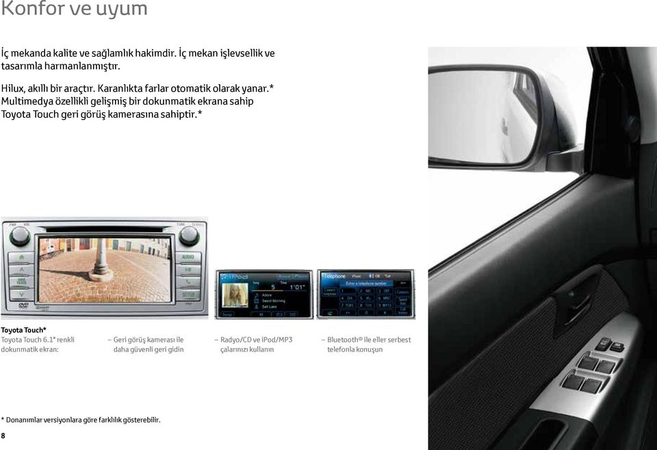 * Multimedya özellikli gelişmiş bir dokunmatik ekrana sahip Toyota Touch geri görüş kamerasına sahiptir.