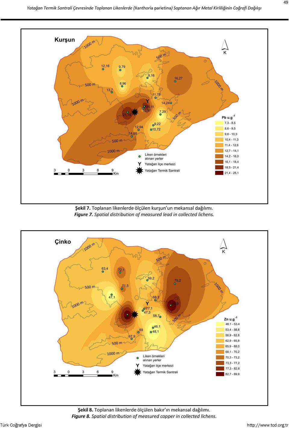 Figure 7. Spatial distribution of measured lead in collected lichens. Şekil 8.
