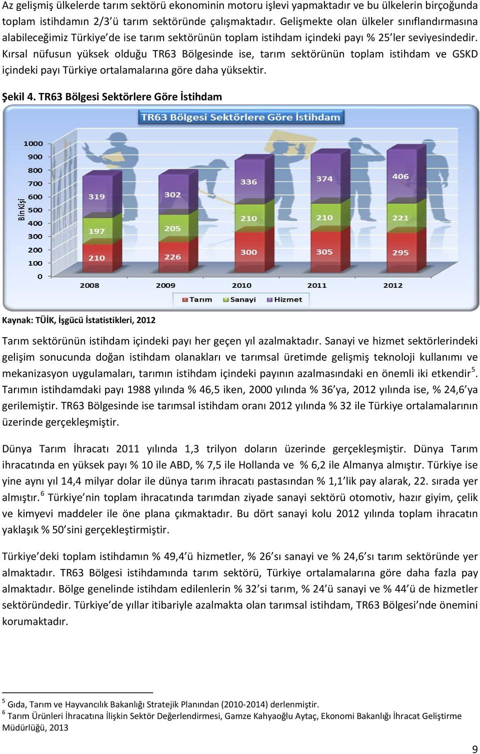 Kırsal nüfusun yüksek olduğu TR63 Bölgesinde ise, tarım sektörünün toplam istihdam ve GSKD içindeki payı Türkiye ortalamalarına göre daha yüksektir. Şekil 4.