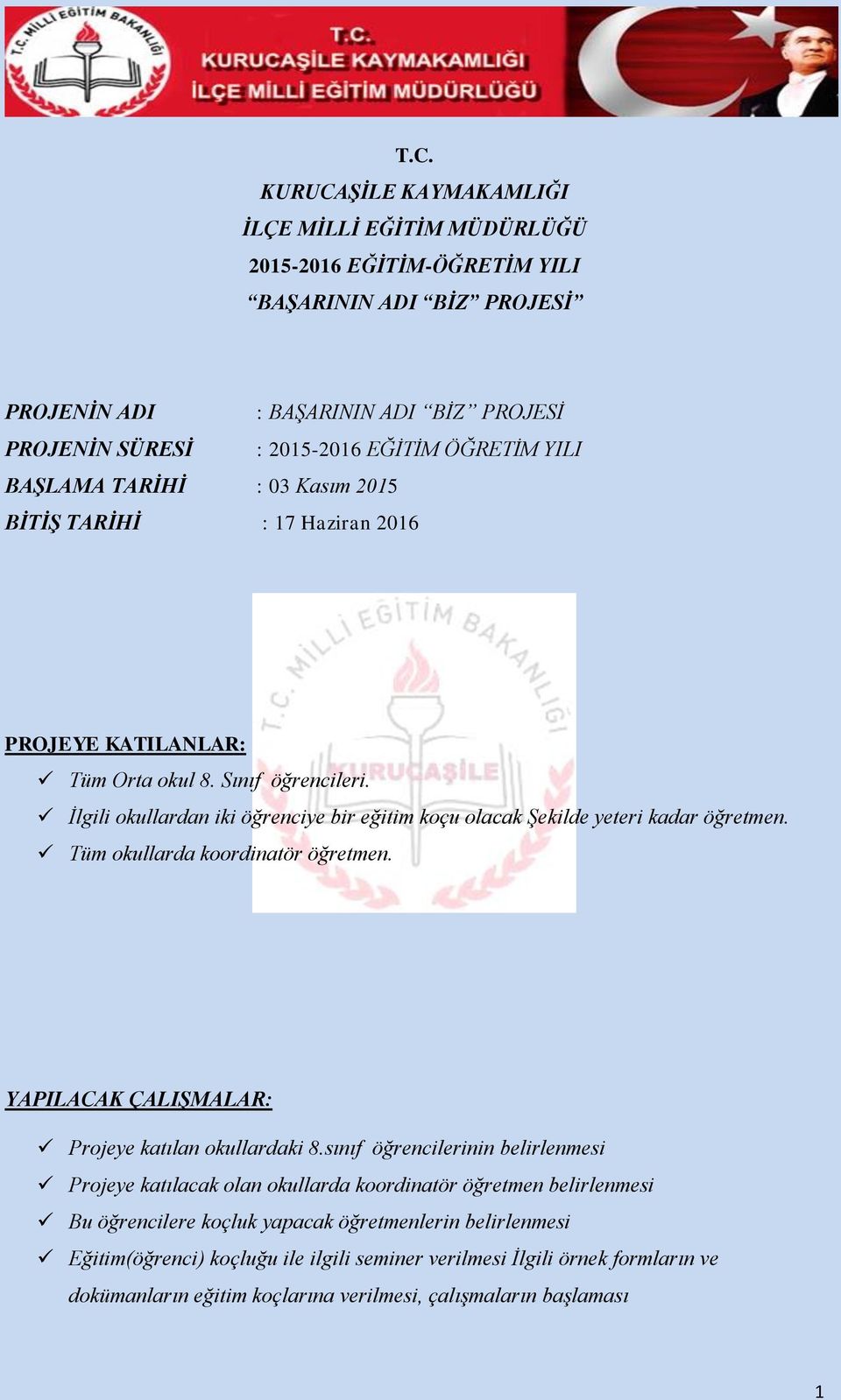 İlgili okullardan iki öğrenciye bir eğitim koçu olacak Şekilde yeteri kadar öğretmen. Tüm okullarda koordinatör öğretmen. YAPILACAK ÇALIŞMALAR: Projeye katılan okullardaki 8.