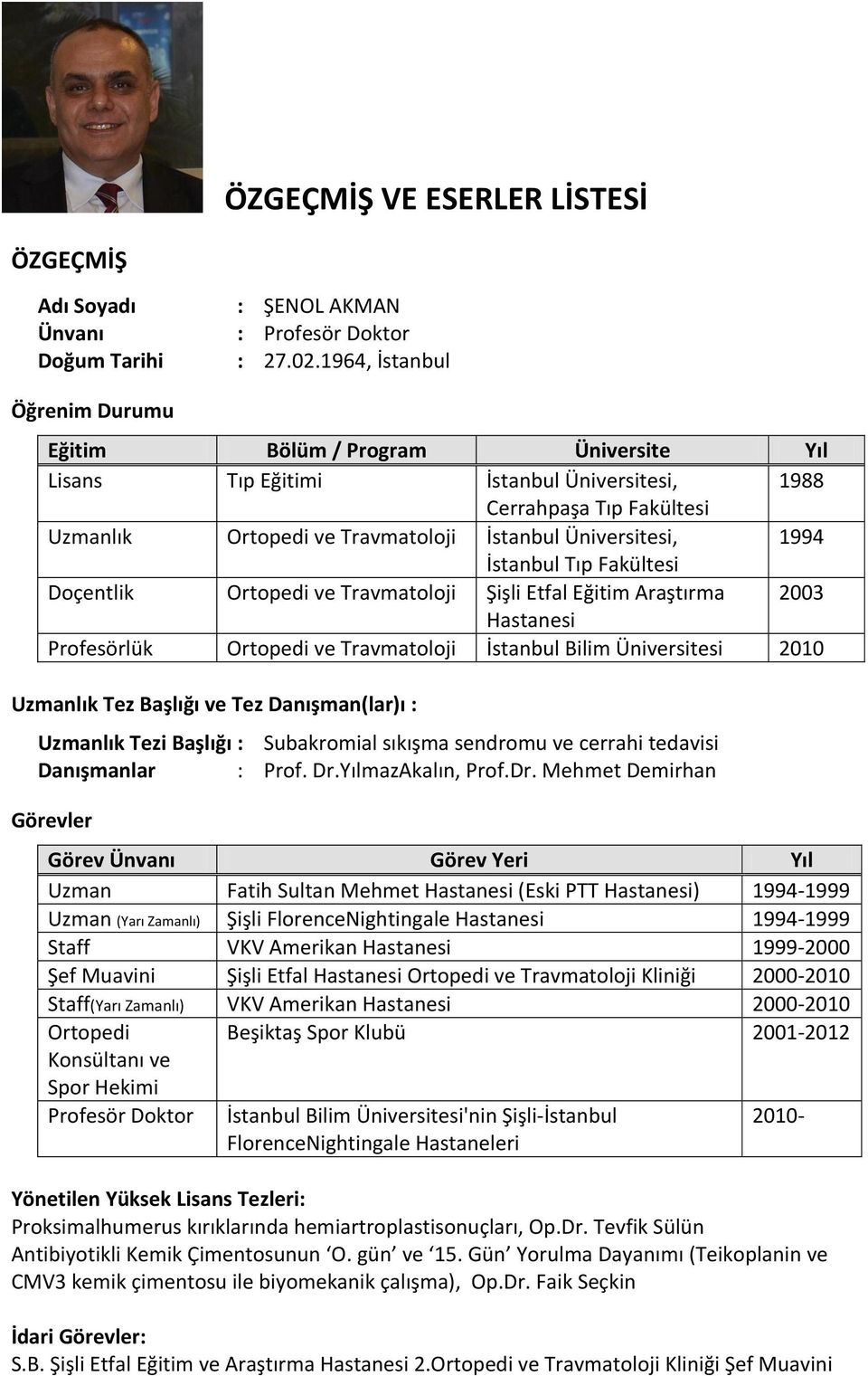 1994 İstanbul Tıp Fakültesi Doçentlik Ortopedi ve Travmatoloji Şişli Etfal Eğitim Araştırma 2003 Hastanesi Profesörlük Ortopedi ve Travmatoloji İstanbul Bilim Üniversitesi 2010 Uzmanlık Tez Başlığı