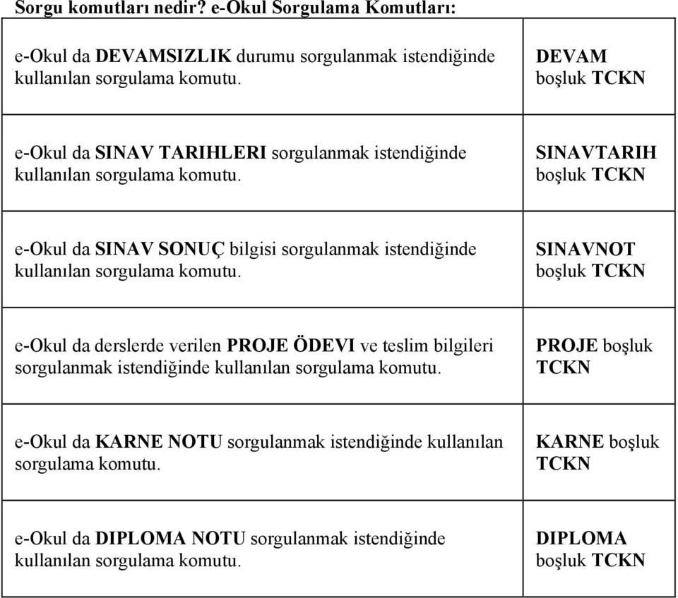 SINAVTARIH e-okul da SINAV SONUÇ bilgisi sorgulanmak istendiğinde kullanılan sorgulama komutu.