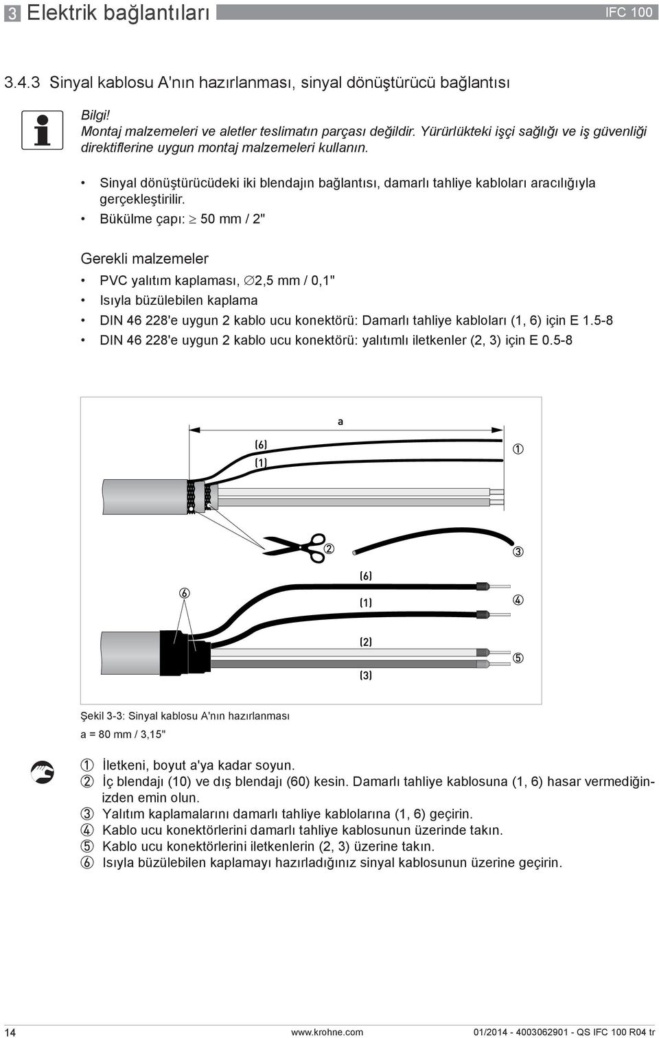 Bükülme çapı: 50 mm / 2" Gerekli malzemeler PVC yalıtım kaplaması, 2,5 mm / 0,1" Isıyla büzülebilen kaplama DIN 46 228'e uygun 2 kablo ucu konektörü: Damarlı tahliye kabloları (1, 6) için E 1.