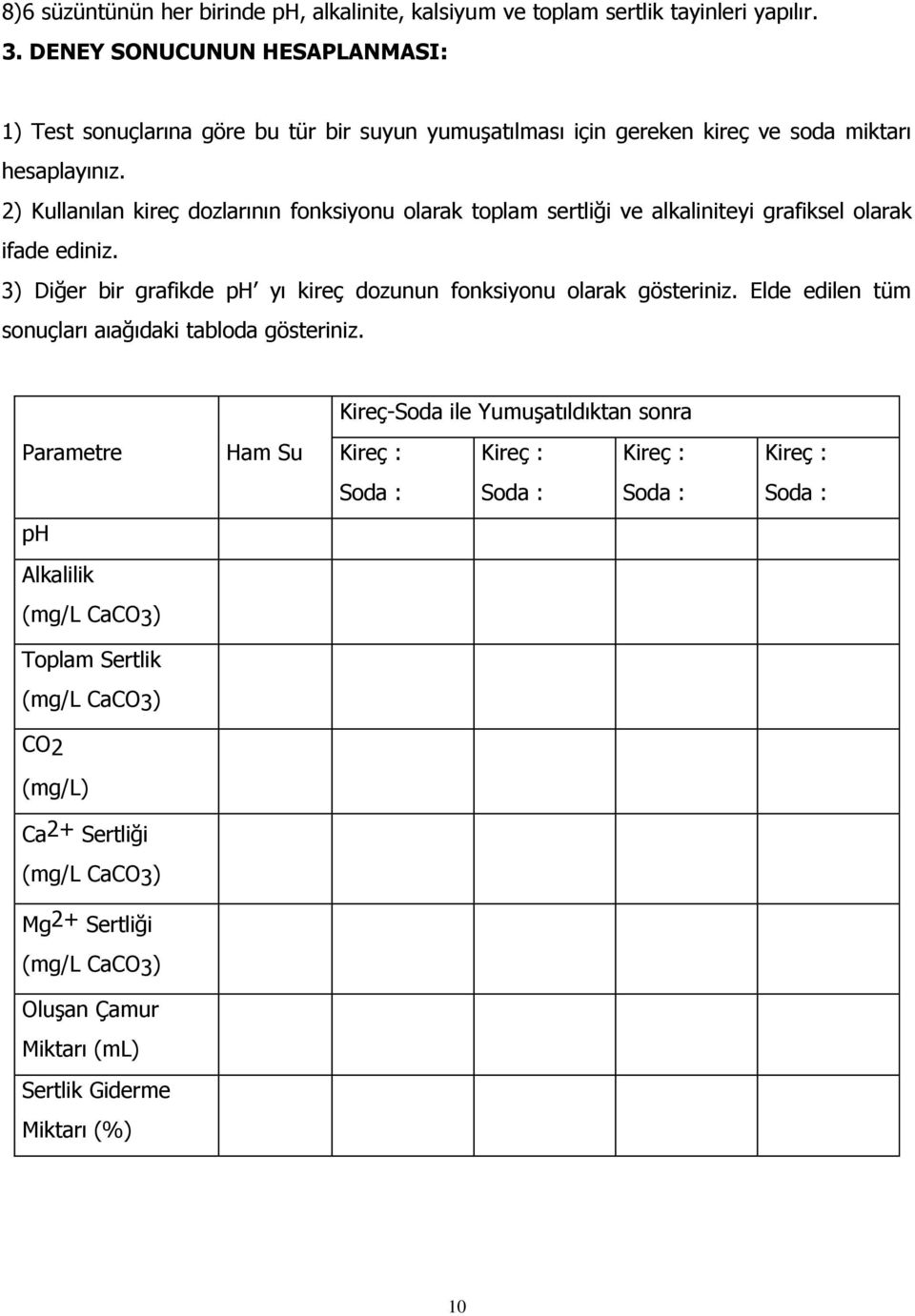 2) Kullanılan kireç dozlarının fonksiyonu olarak toplam sertliği ve alkaliniteyi grafiksel olarak ifade ediniz. 3) Diğer bir grafikde ph yı kireç dozunun fonksiyonu olarak gösteriniz.