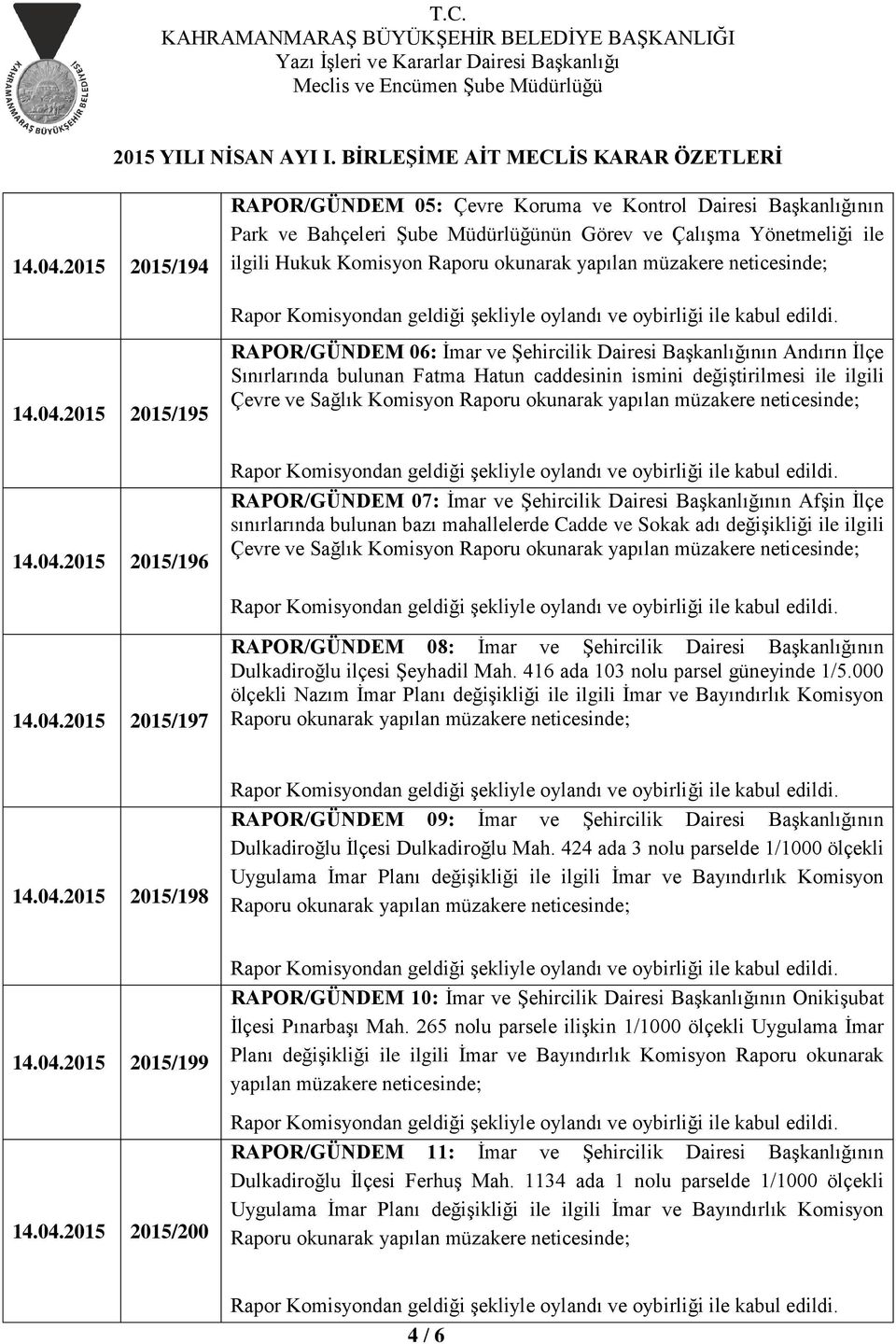 RAPOR/GÜNDEM 06: İmar ve Şehircilik Dairesi Başkanlığının Andırın İlçe Sınırlarında bulunan Fatma Hatun caddesinin ismini değiştirilmesi ile ilgili Çevre ve Sağlık Komisyon Raporu okunarak 2015