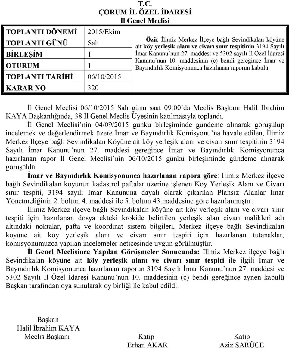 maddesi ve 5302 sayılı İl Özel İdaresi Kanunu nun 10. maddesinin (c) bendi gereğince İmar ve Bayındırlık Komisyonunca hazırlanan raporun kabulü.