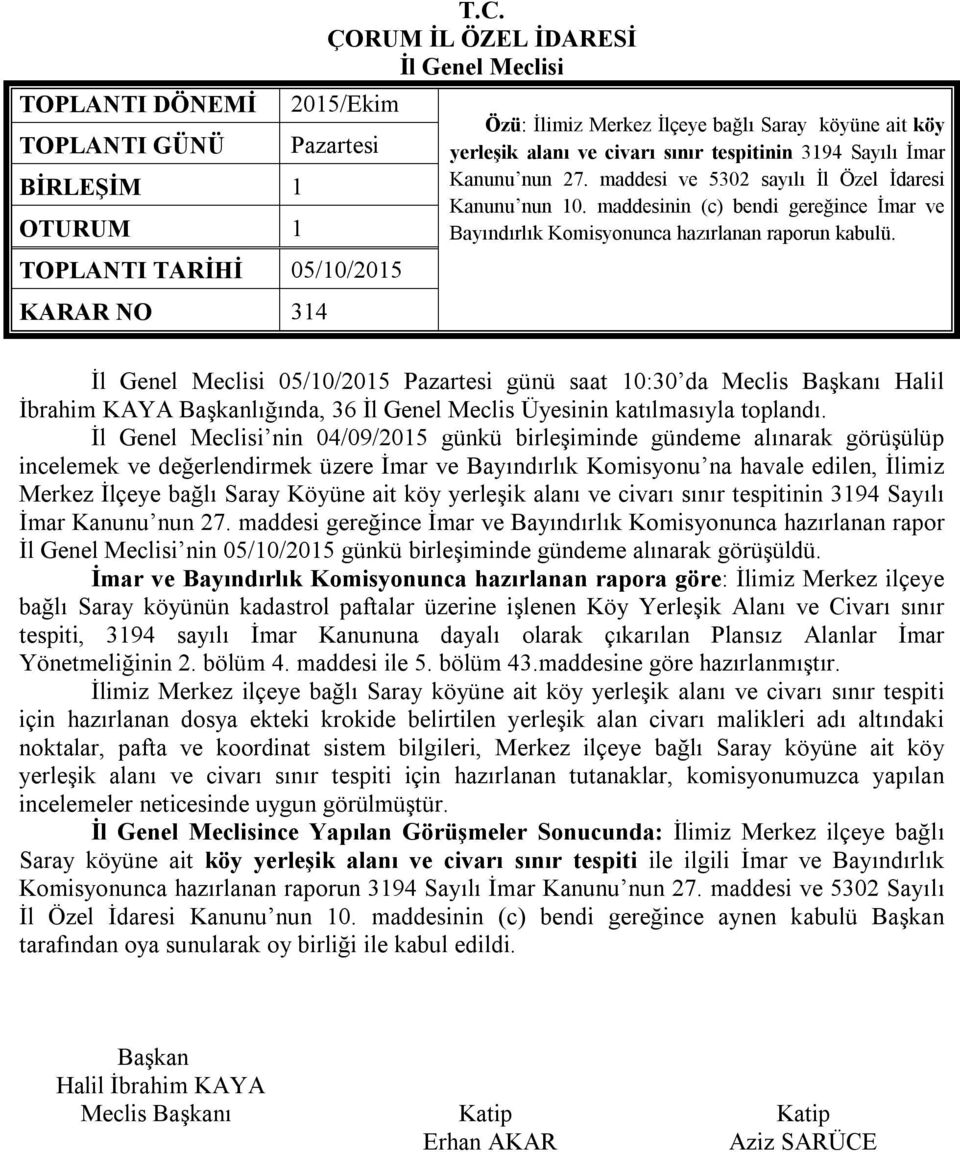 maddesi ve 5302 sayılı İl Özel İdaresi Kanunu nun 10. maddesinin (c) bendi gereğince İmar ve Bayındırlık Komisyonunca hazırlanan raporun kabulü.