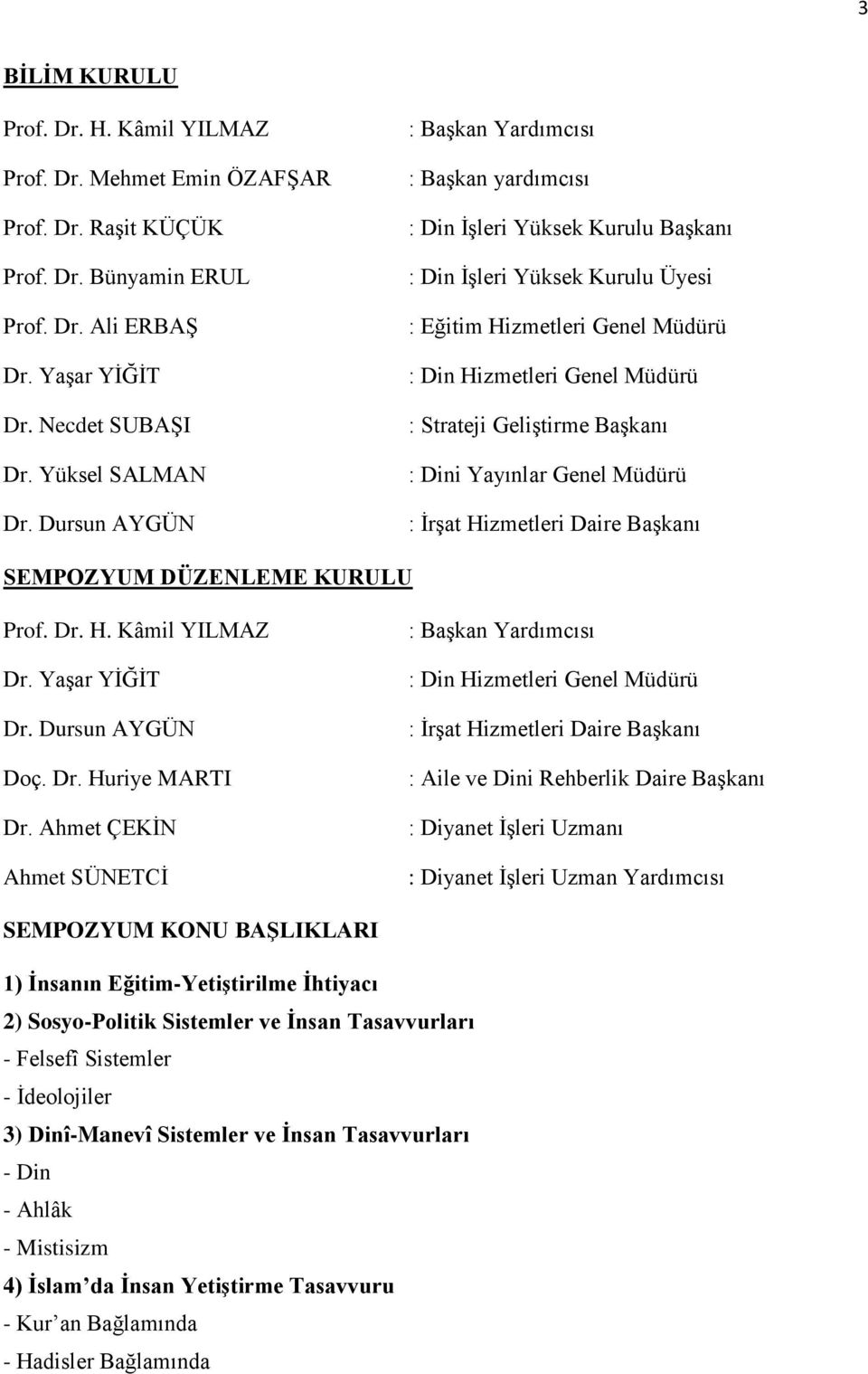 Geliştirme Başkanı : Dini Yayınlar Genel Müdürü : İrşat Hizmetleri Daire Başkanı SEMPOZYUM DÜZENLEME KURULU Prof. Dr. H. Kâmil YILMAZ Dr. Yaşar YİĞİT Dr. Dursun AYGÜN Doç. Dr. Huriye MARTI Dr.