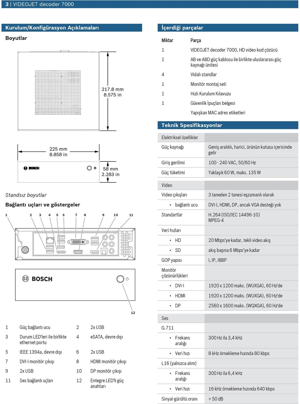 Güç tüketimi Geniş aralıklı, harici, ürünün kts içerisinde gelir 100-240 VAC, 50/60 Hz Yaklaşık 60 W, maks.