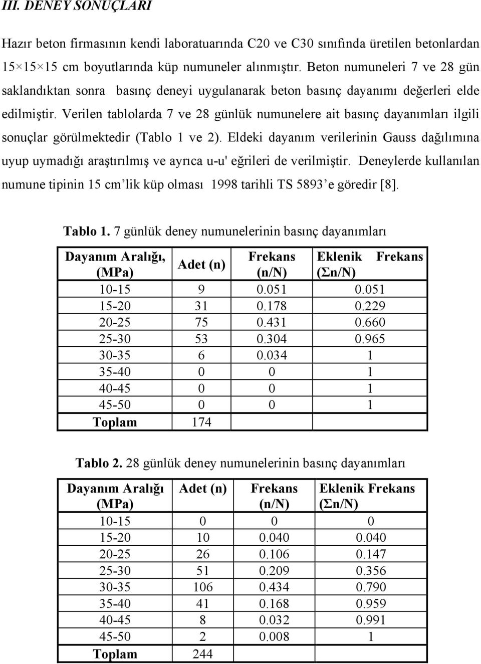 Verilen tablolarda 7 ve 28 günlük numunelere ait basınç dayanımları ilgili sonuçlar görülmektedir (Tablo 1 ve 2).
