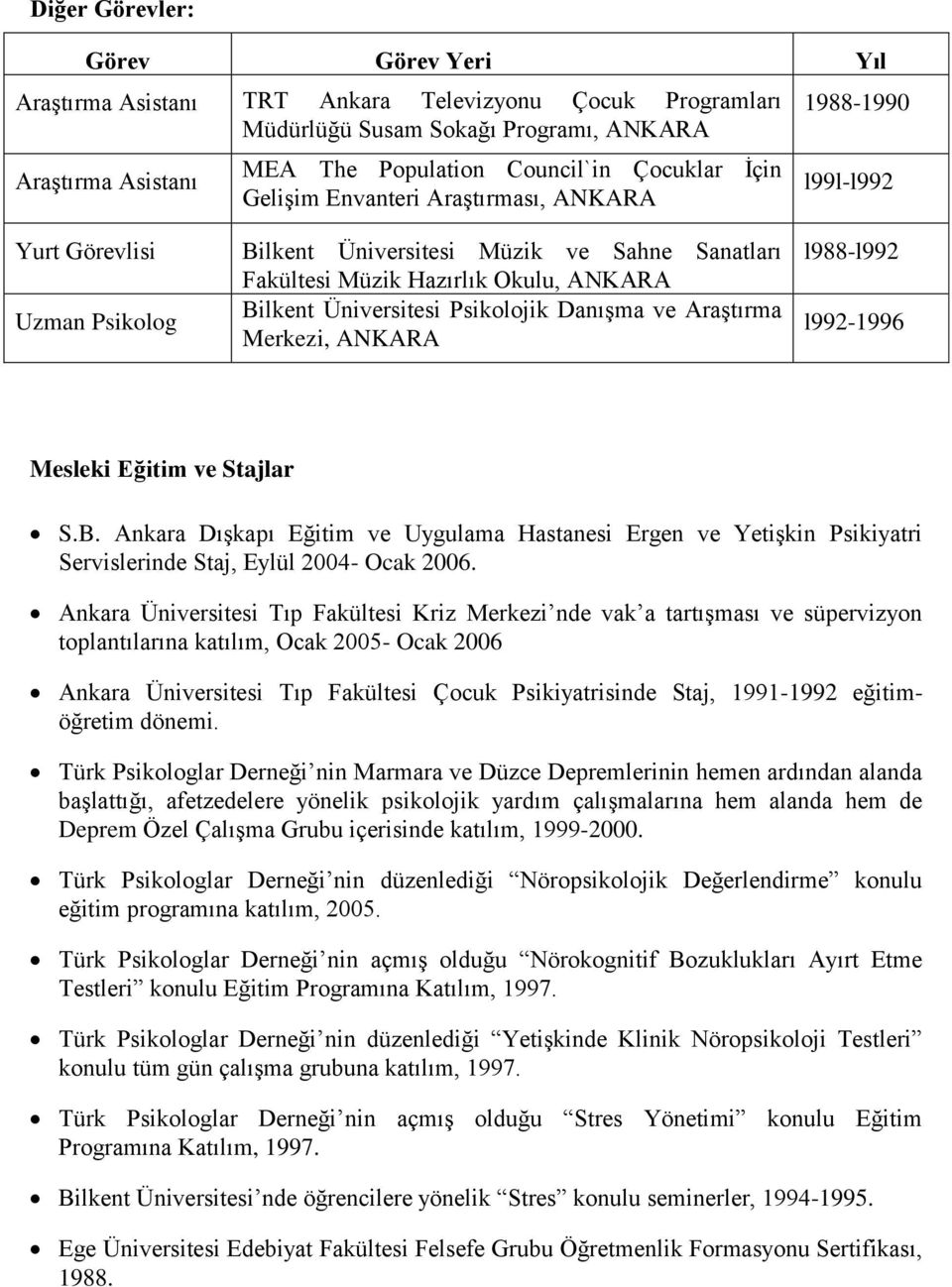 Psikolojik Danışma ve Araştırma Merkezi, ANKARA l988-l992 l992-1996 Mesleki Eğitim ve Stajlar S.B.